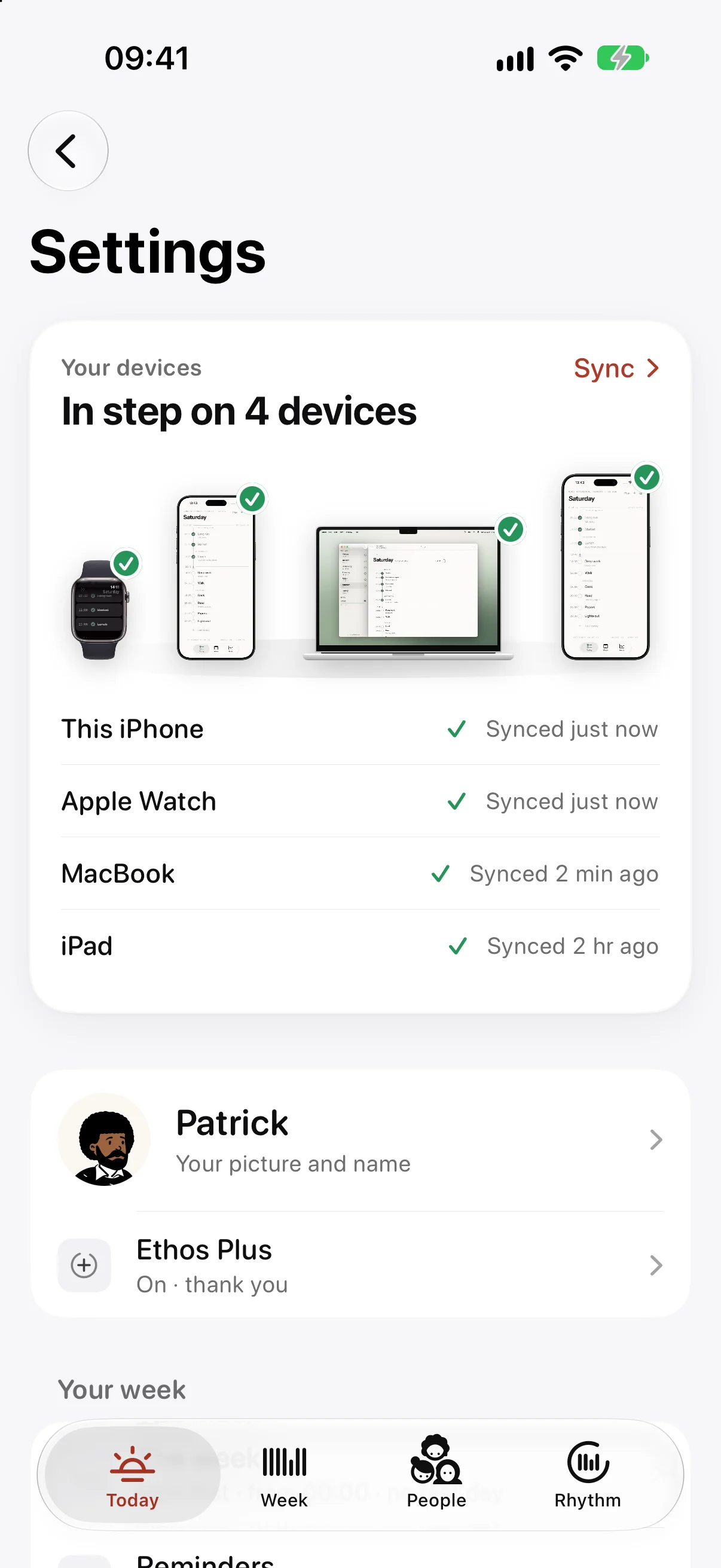 Ethos settings on iPhone, showing each of your devices in step through iCloud.