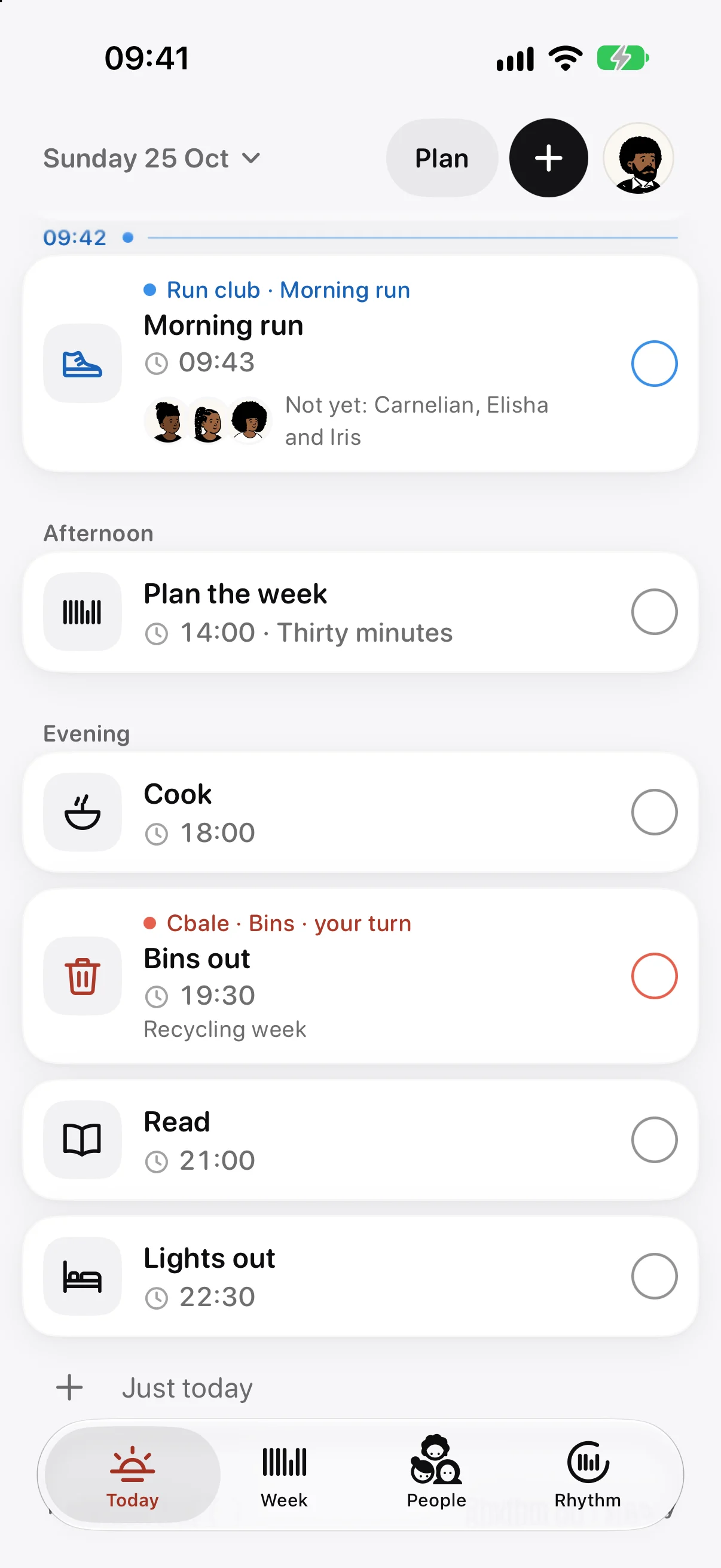 Today in Ethos on iPhone: the morning run shared with a run club, showing who hasn’t kept it yet, and the bins marked as your turn tonight.