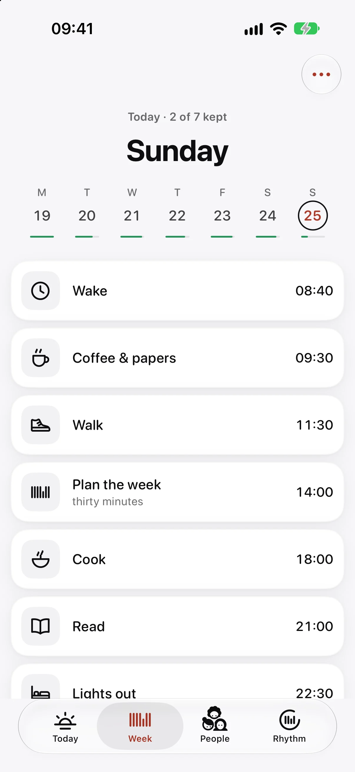 The week in Ethos on iPhone: each weekday’s routine laid out in rows.